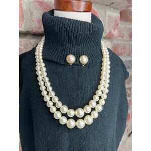 Faux pearl double strand necklace and clip earrings vintage 1950s